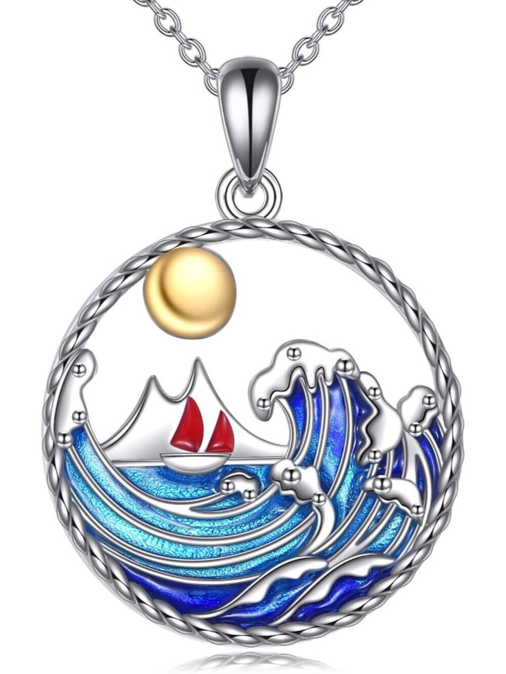 Women's Blue and Red Silver Mountain And Sea Wave Natural Item Jewelry Necklace